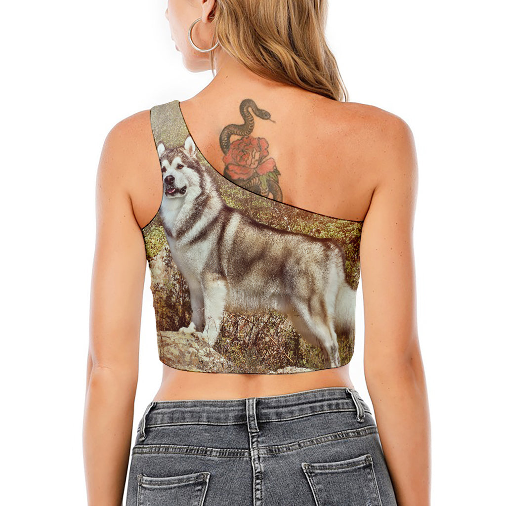 Vintage Alaskan Malamute Print One Shoulder Crop Top