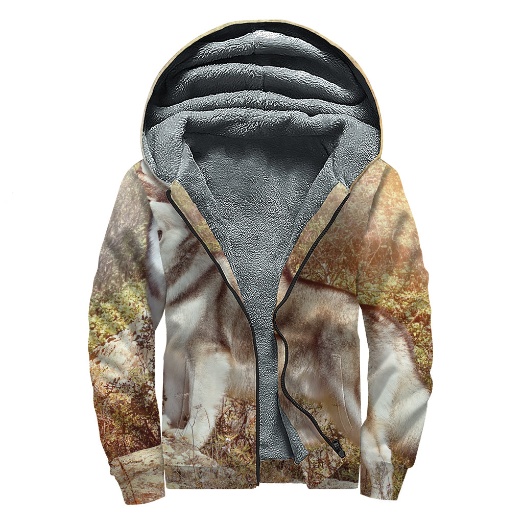 Vintage Alaskan Malamute Print Sherpa Lined Zip Up Hoodie