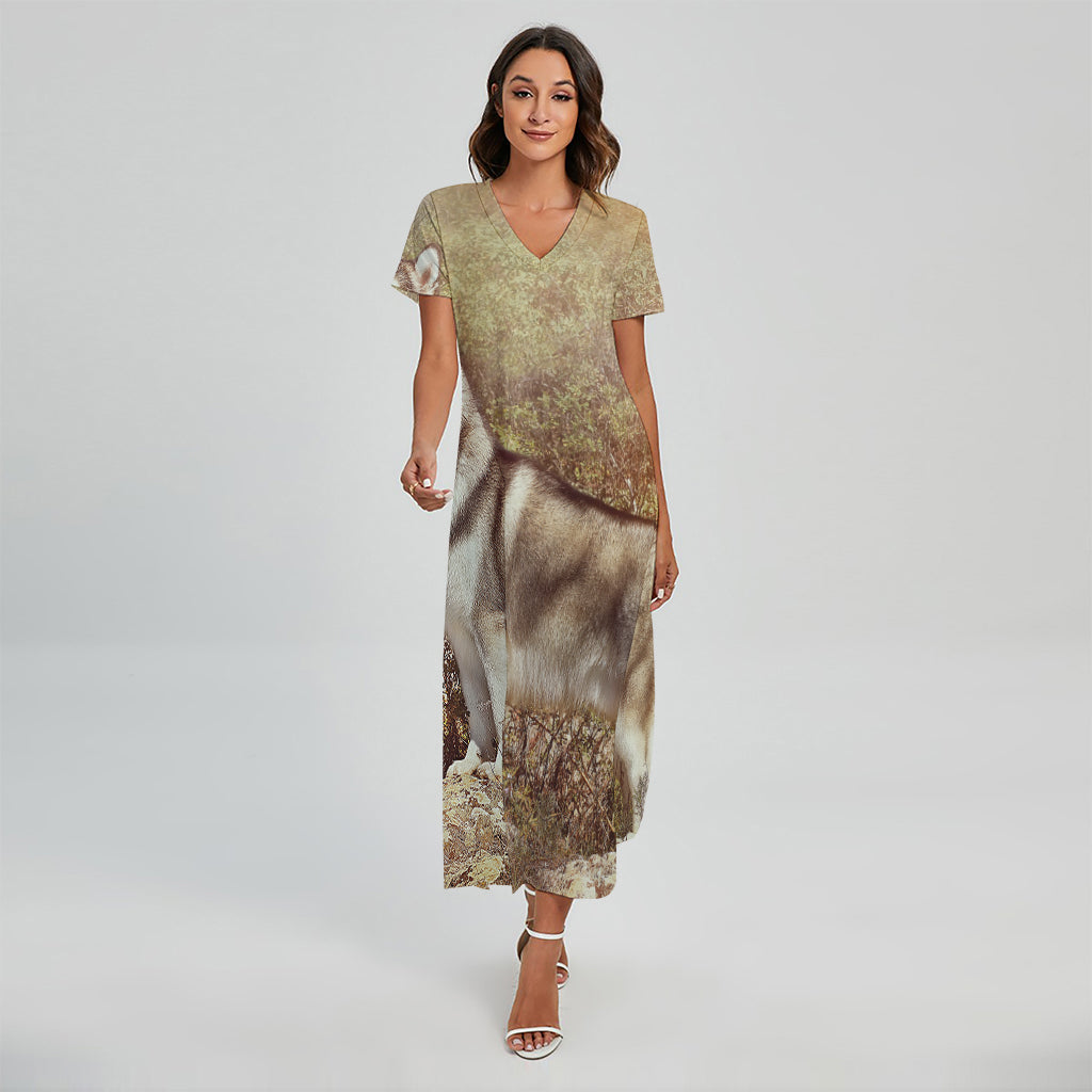Vintage Alaskan Malamute Print Short Sleeve Maxi Dress