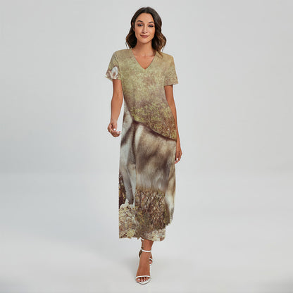 Vintage Alaskan Malamute Print Short Sleeve Maxi Dress