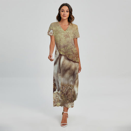 Vintage Alaskan Malamute Print Short Sleeve Maxi Dress