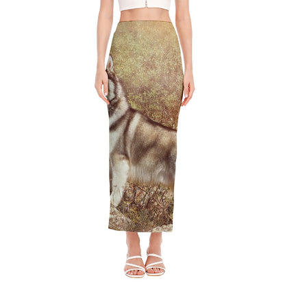 Vintage Alaskan Malamute Print Side Slit Maxi Skirt