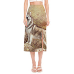 Vintage Alaskan Malamute Print Side Slit Midi Skirt