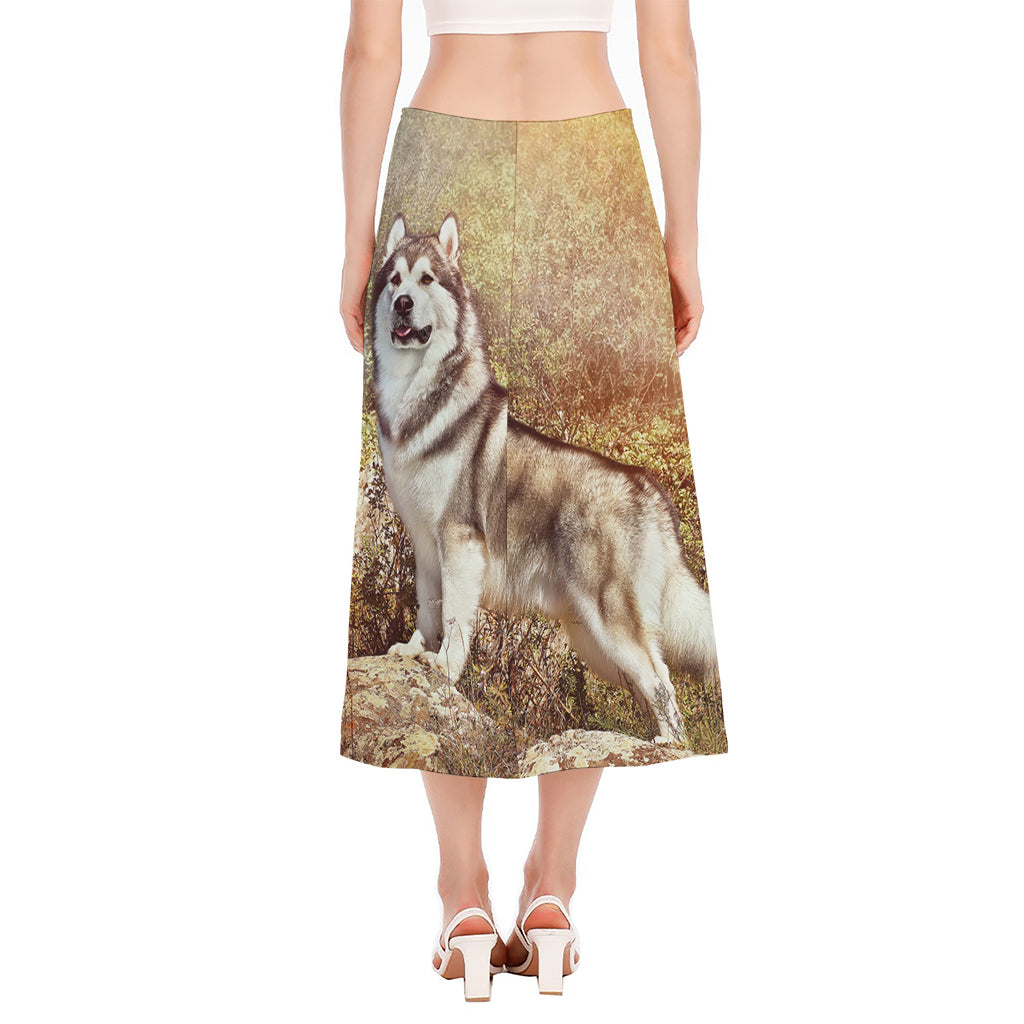 Vintage Alaskan Malamute Print Side Slit Midi Skirt