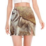 Vintage Alaskan Malamute Print Side Slit Mini Skirt