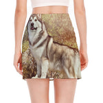 Vintage Alaskan Malamute Print Side Slit Mini Skirt