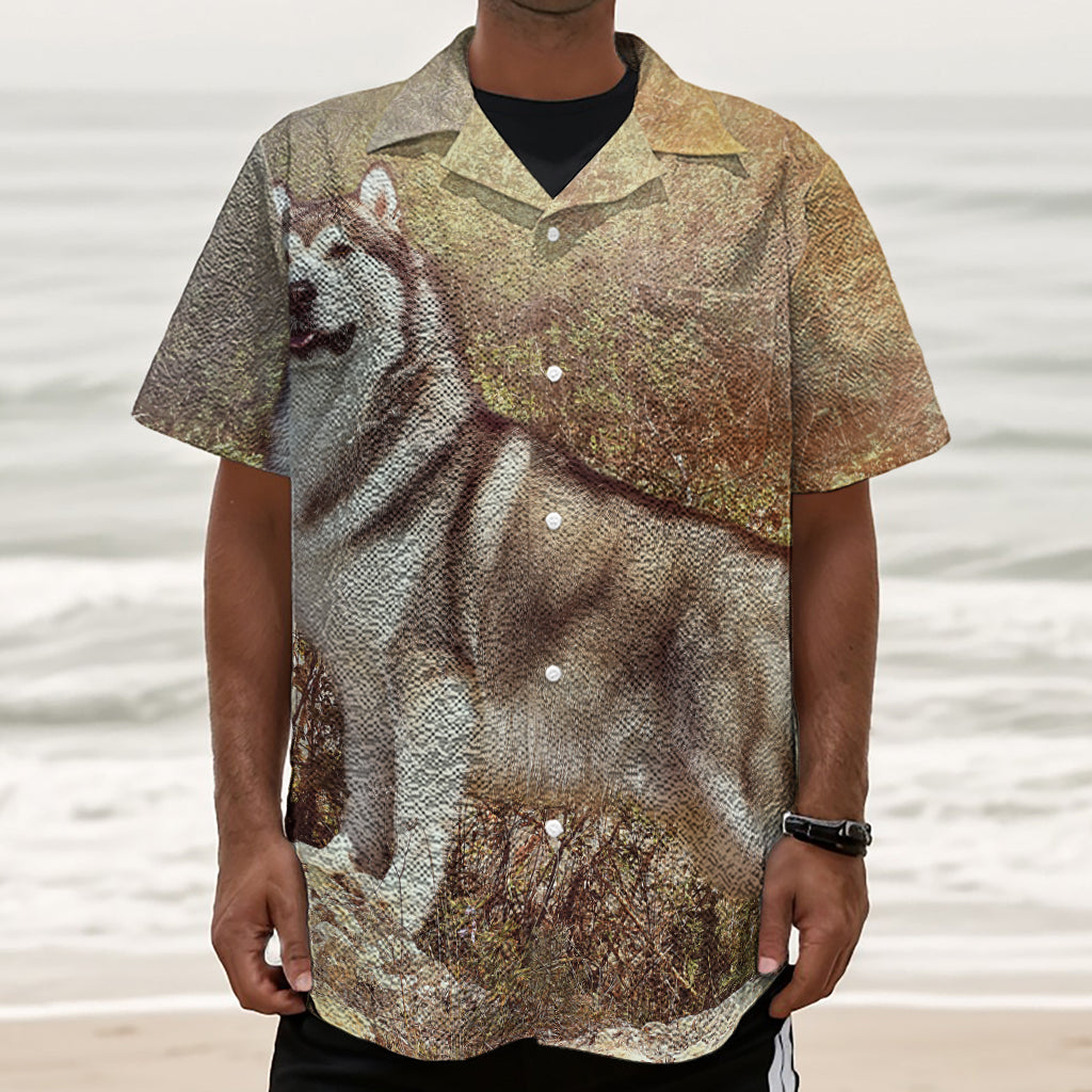Vintage Alaskan Malamute Print Textured Short Sleeve Shirt