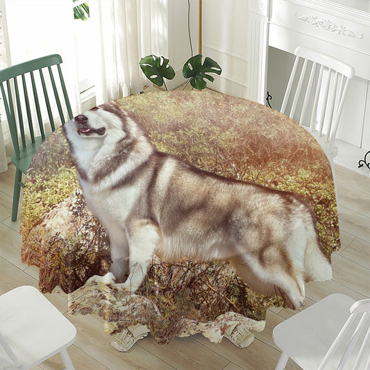 Vintage Alaskan Malamute Print Waterproof Round Tablecloth