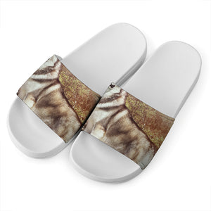 Vintage Alaskan Malamute Print White Slide Sandals
