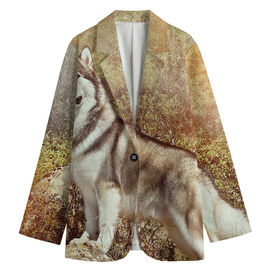 Vintage Alaskan Malamute Print Women's Cotton Blazer