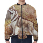 Vintage Alaskan Malamute Print Zip Sleeve Bomber Jacket