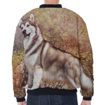 Vintage Alaskan Malamute Print Zip Sleeve Bomber Jacket