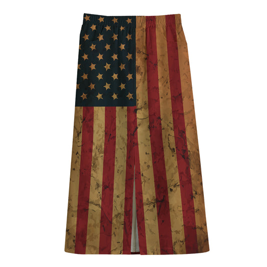 Vintage American Flag Print Cotton Front Slit Maxi Skirt