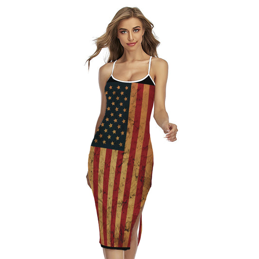 Vintage American Flag Print Cross Back Cami Dress