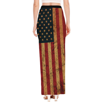 Vintage American Flag Print High Slit Maxi Skirt