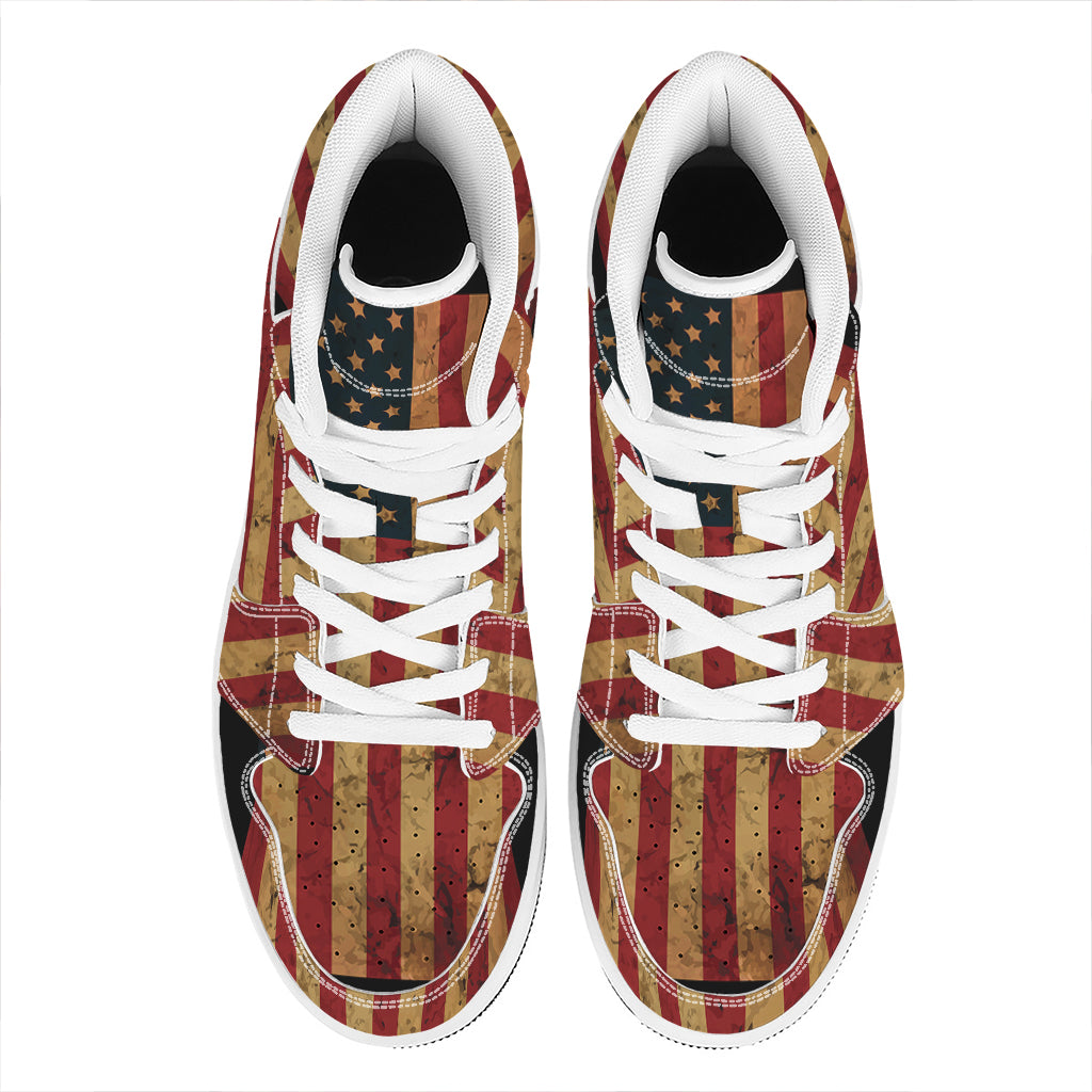 Vintage American Flag Print High Top Leather Sneakers