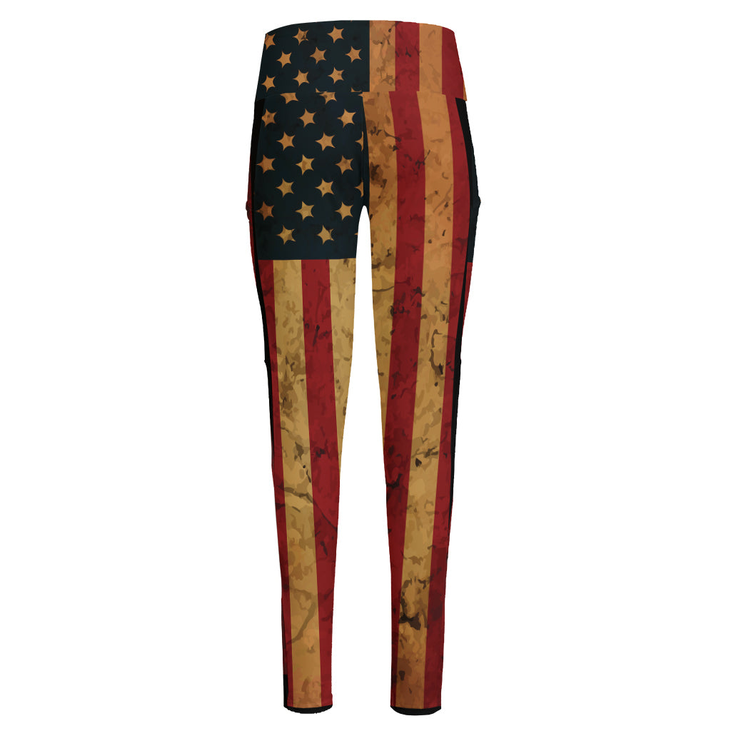 Vintage American Flag Print High-Waisted Pocket Leggings