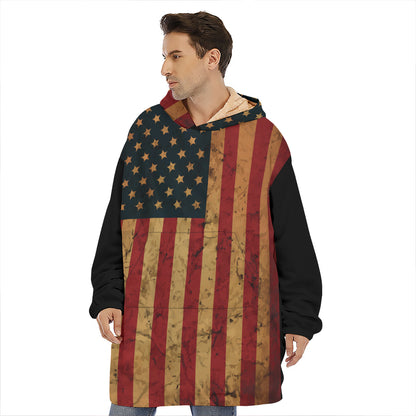 Vintage American Flag Print Hoodie Blanket