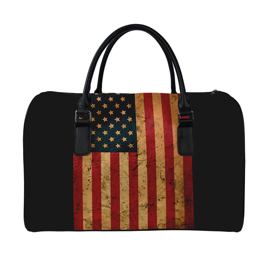 Vintage American Flag Print Leather Duffle Bag