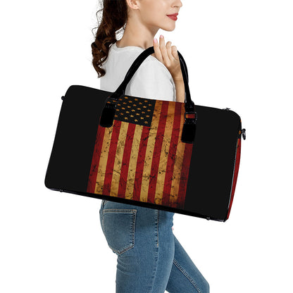 Vintage American Flag Print Leather Duffle Bag