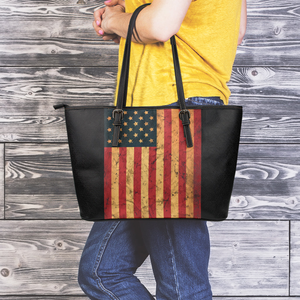 Vintage American Flag Print Leather Tote Bag