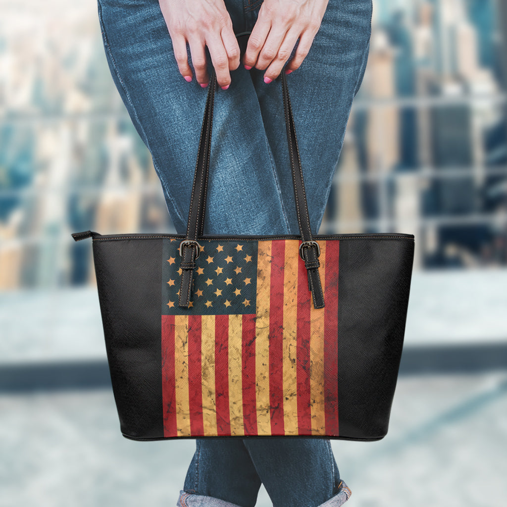 Vintage American Flag Print Leather Tote Bag