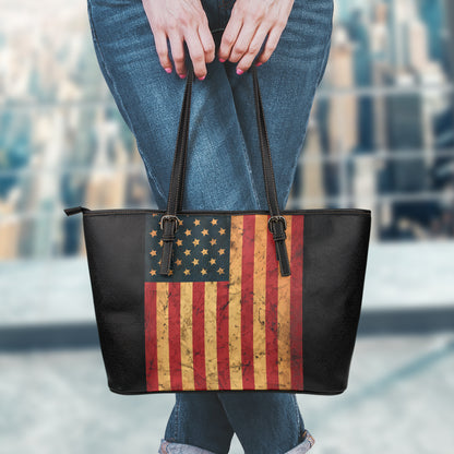 Vintage American Flag Print Leather Tote Bag