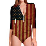Vintage American Flag Print Long Sleeve Swimsuit