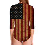 Vintage American Flag Print Long Sleeve Swimsuit