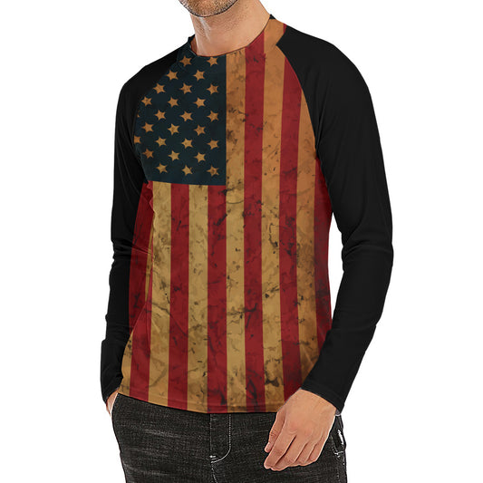 Vintage American Flag Print Men's Long Sleeve Rash Guard