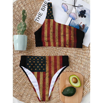 Vintage American Flag Print One Shoulder Bikini Top