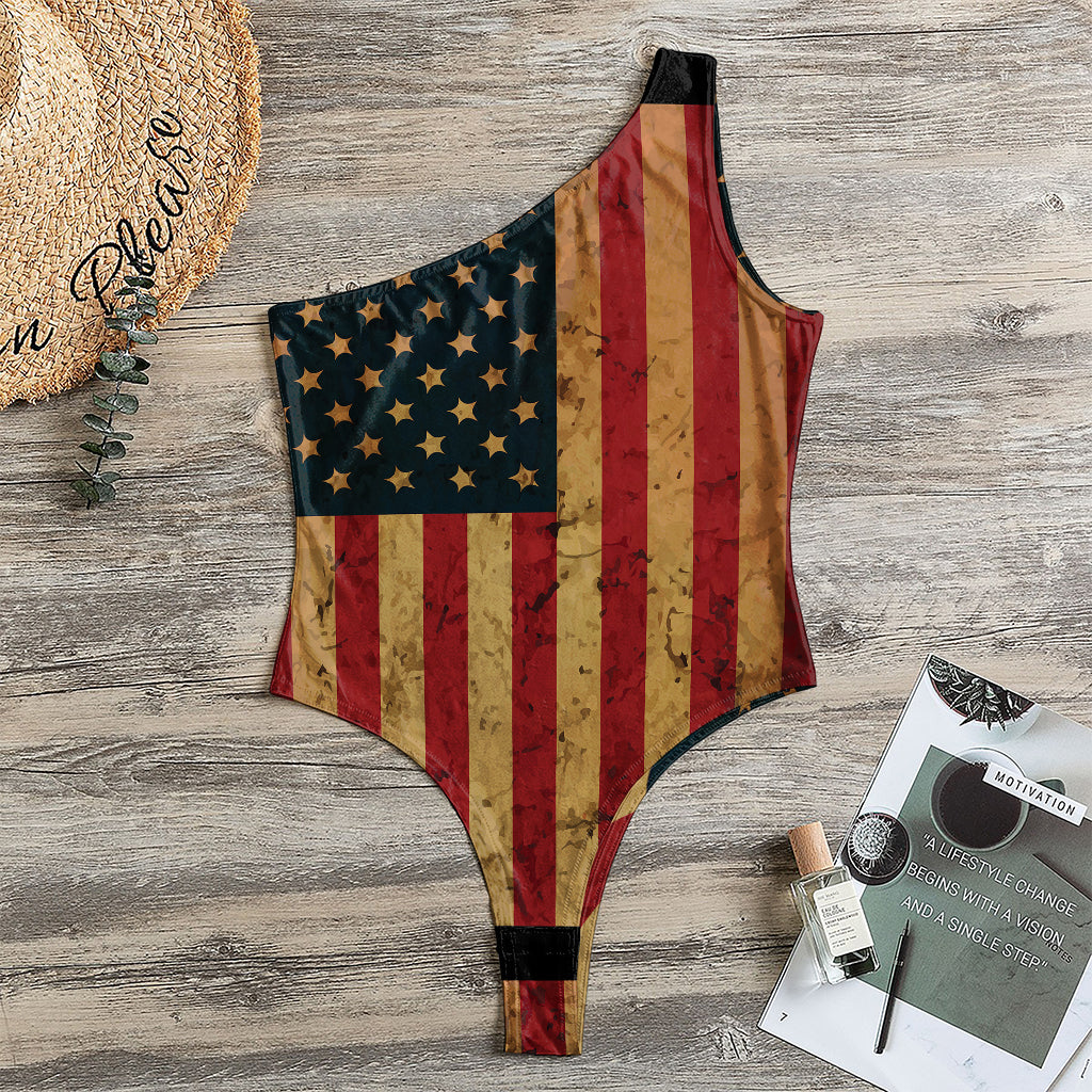 Vintage American Flag Print One Shoulder Bodysuit