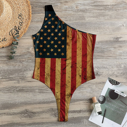 Vintage American Flag Print One Shoulder Bodysuit