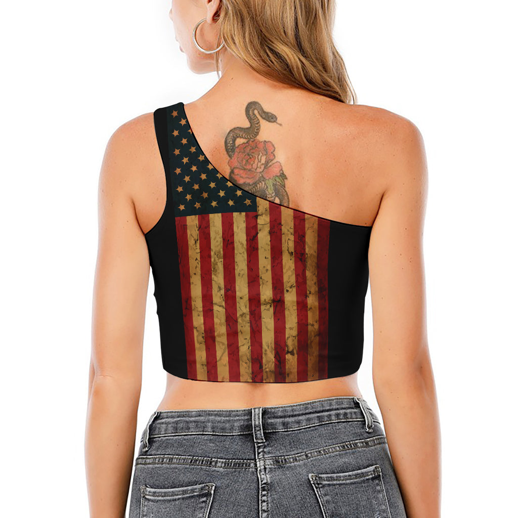 Vintage American Flag Print One Shoulder Crop Top