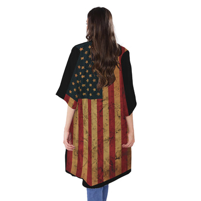 Vintage American Flag Print Open Front Beach Cover Up