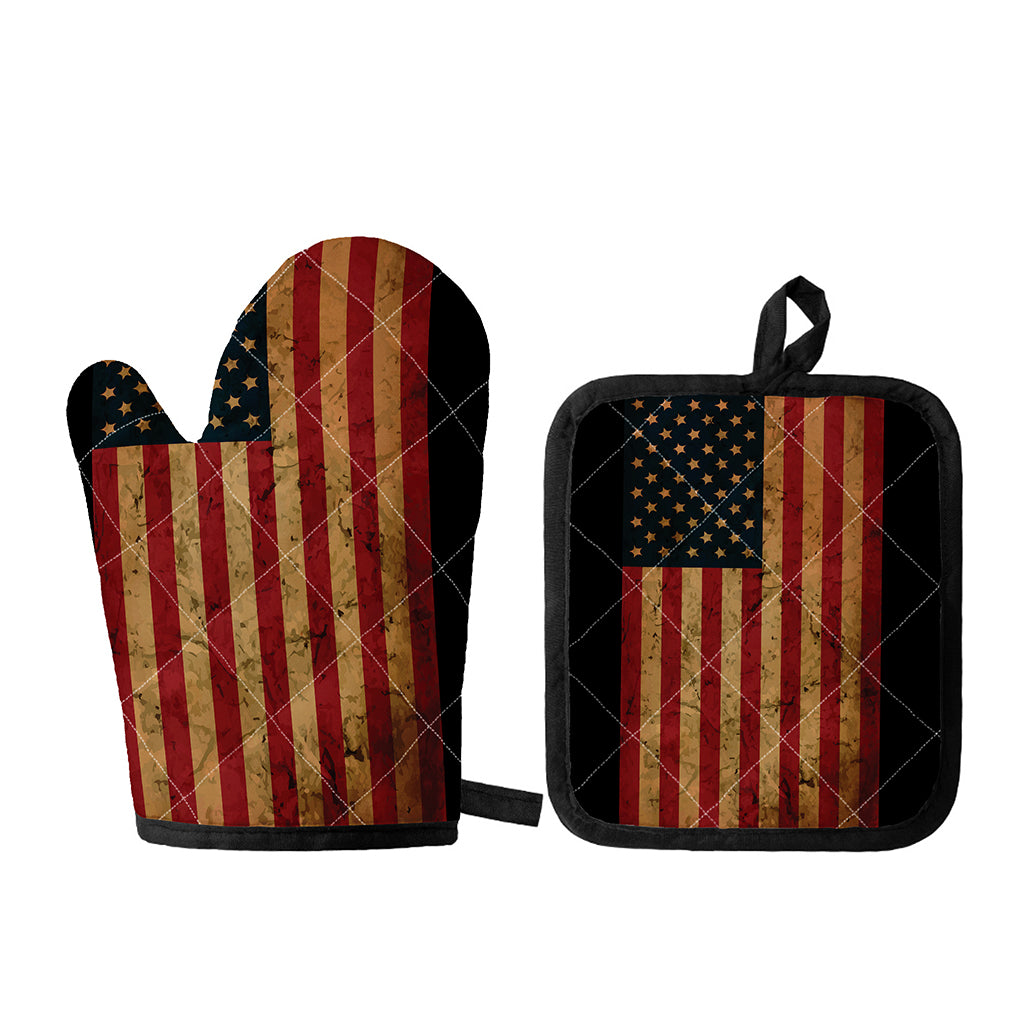 Vintage American Flag Print Oven Mitt And Pot Holder Set