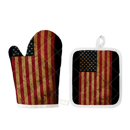 Vintage American Flag Print Oven Mitt And Pot Holder Set