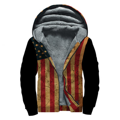 Vintage American Flag Print Sherpa Lined Zip Up Hoodie