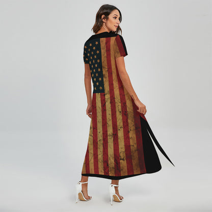 Vintage American Flag Print Short Sleeve Maxi Dress