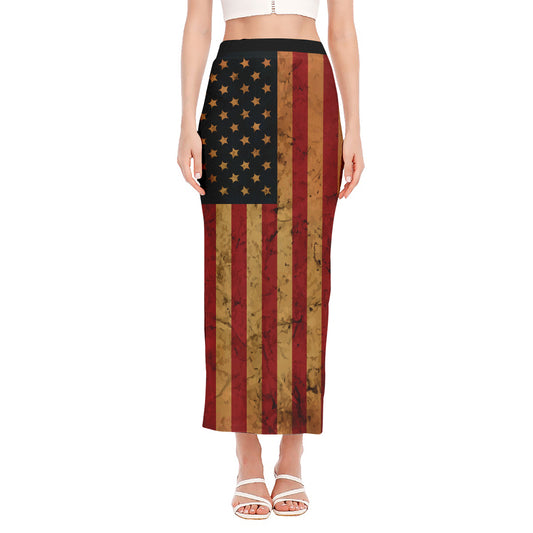 Vintage American Flag Print Side Slit Maxi Skirt