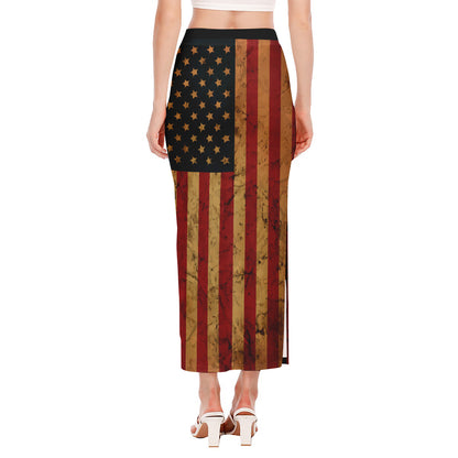 Vintage American Flag Print Side Slit Maxi Skirt