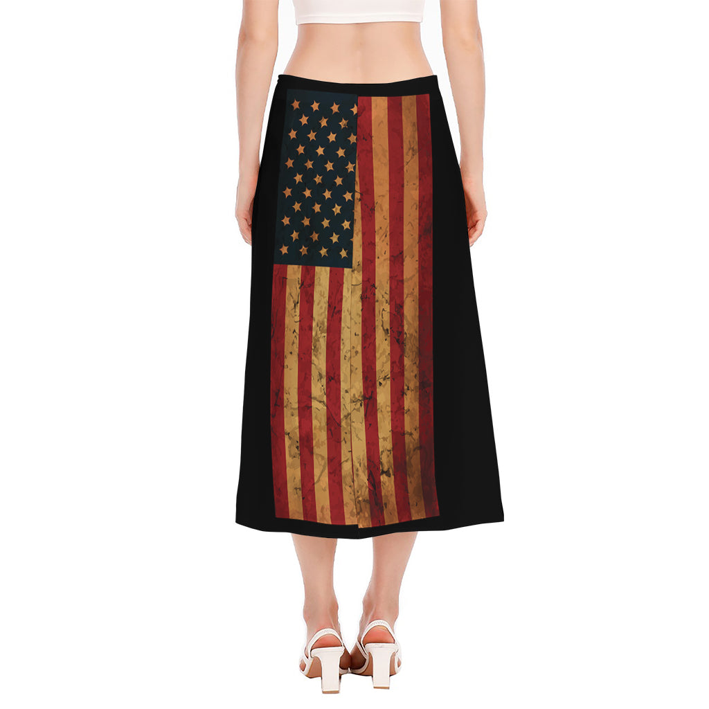Vintage American Flag Print Side Slit Midi Skirt