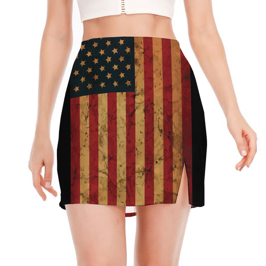 Vintage American Flag Print Side Slit Mini Skirt