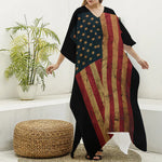 Vintage American Flag Print Silk V-Neck Kaftan Dress