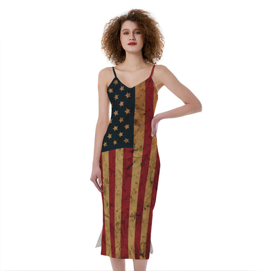 Vintage American Flag Print Slim Fit Midi Cami Dress