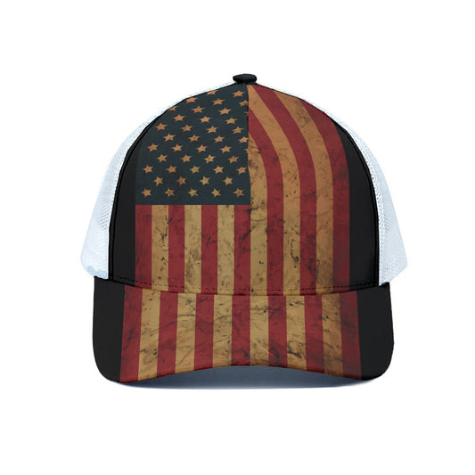 Vintage American Flag Print White Mesh Trucker Cap