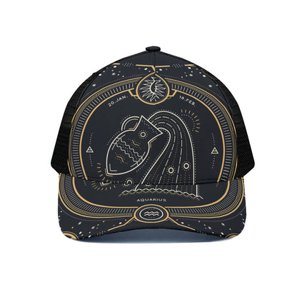 Vintage Aquarius Zodiac Sign Print Black Mesh Trucker Cap