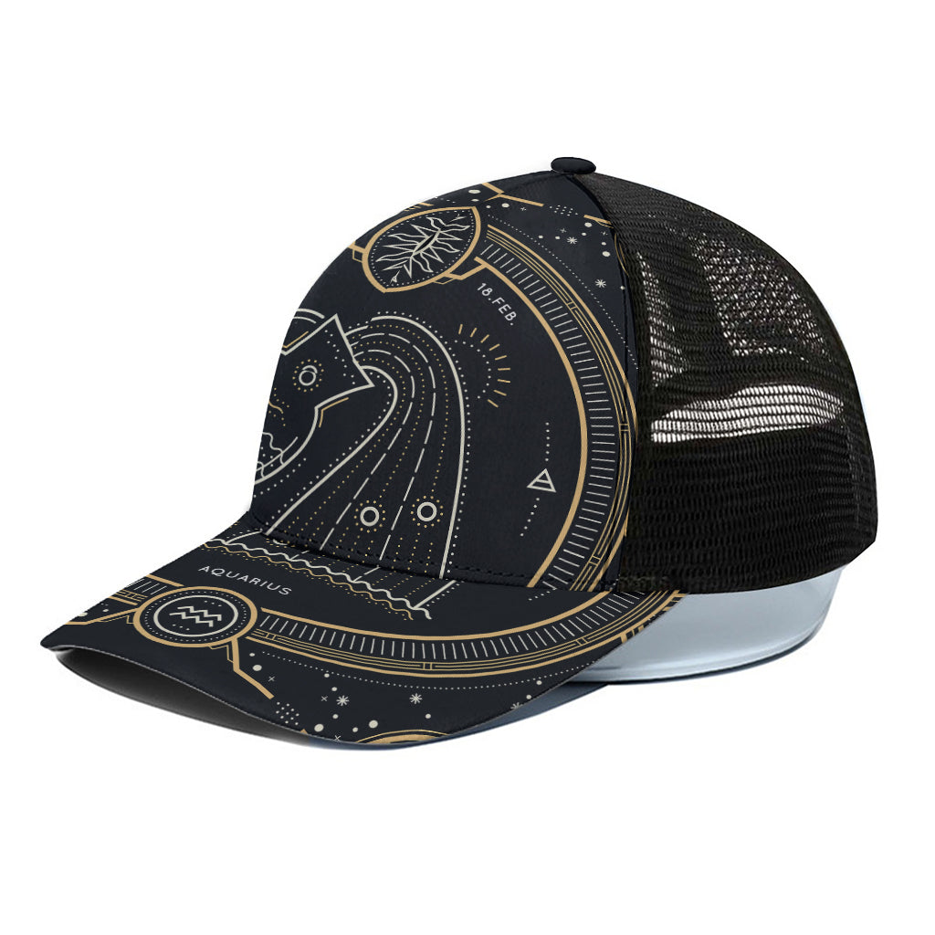 Vintage Aquarius Zodiac Sign Print Black Mesh Trucker Cap
