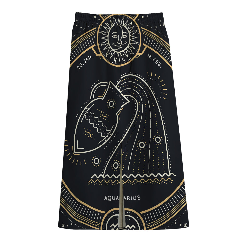Vintage Aquarius Zodiac Sign Print Cotton Front Slit Maxi Skirt