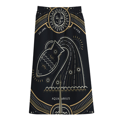Vintage Aquarius Zodiac Sign Print Cotton Front Slit Maxi Skirt